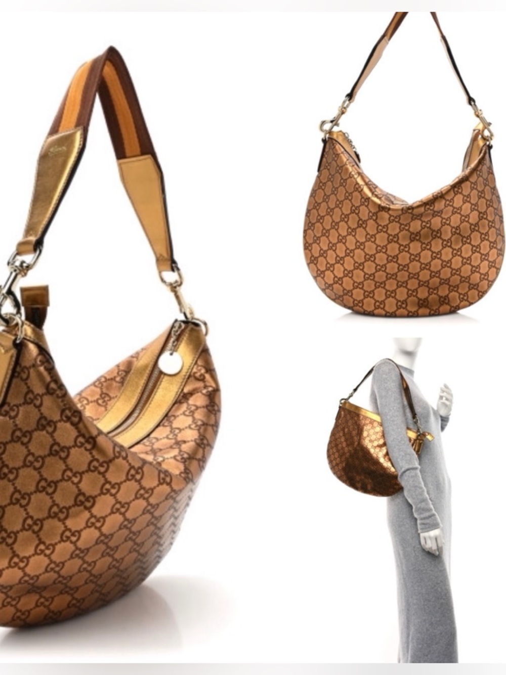 Gucci Metallic Gold Shoulder Bag with Canvas Strap